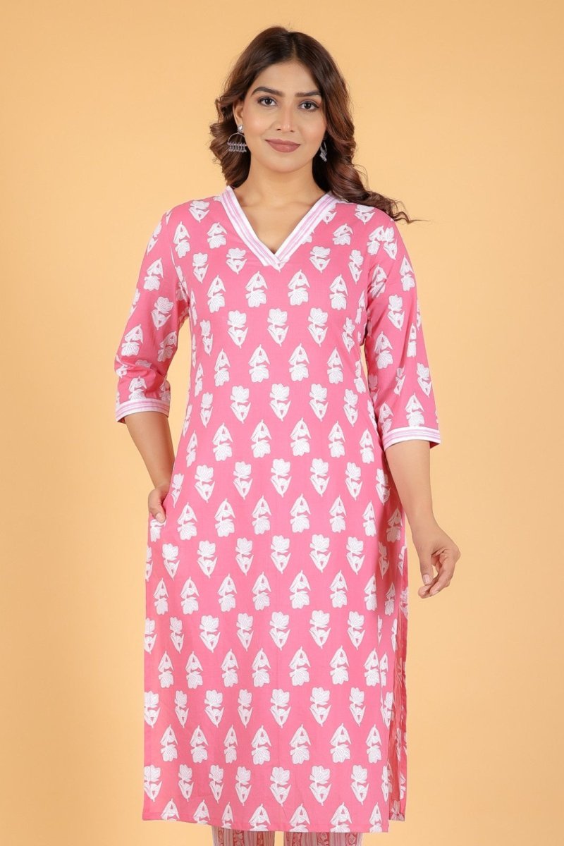 Aramya Straight Soft Cotton Floral Print Women's Kurta Set - Pink - Distacart