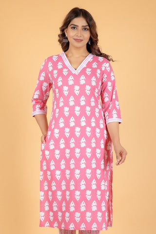 Aramya Straight Soft Cotton Floral Print Women's Kurta - Pink