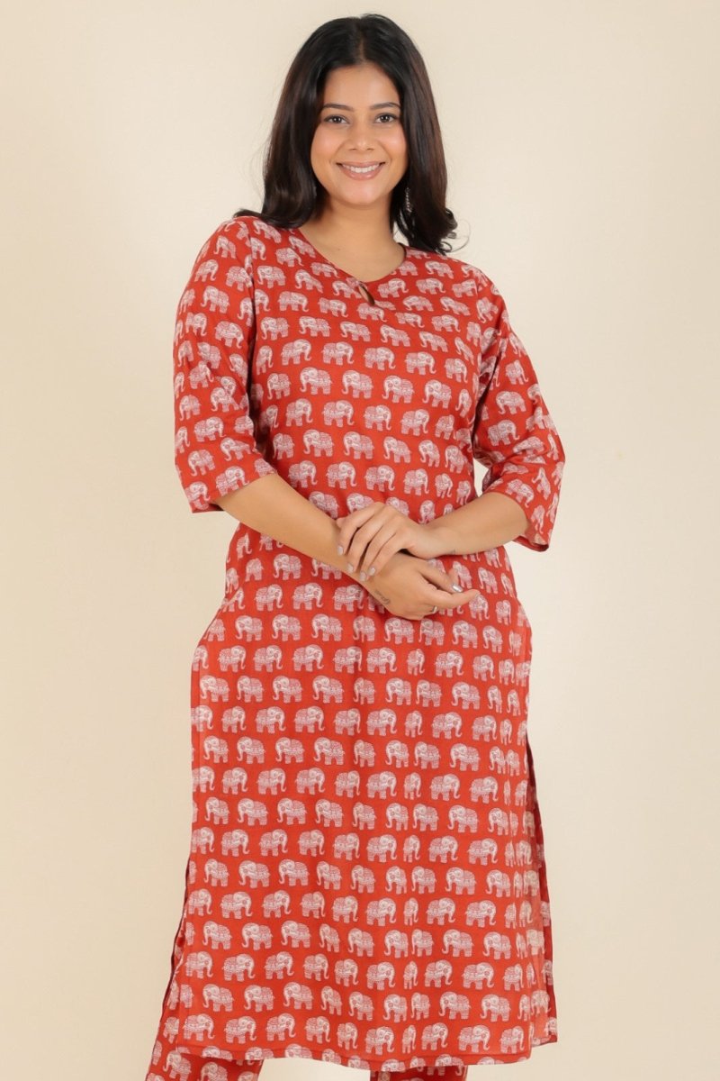 Aramya Straight Soft Cotton Animal Print Women's Kurta Set - Red - Distacart