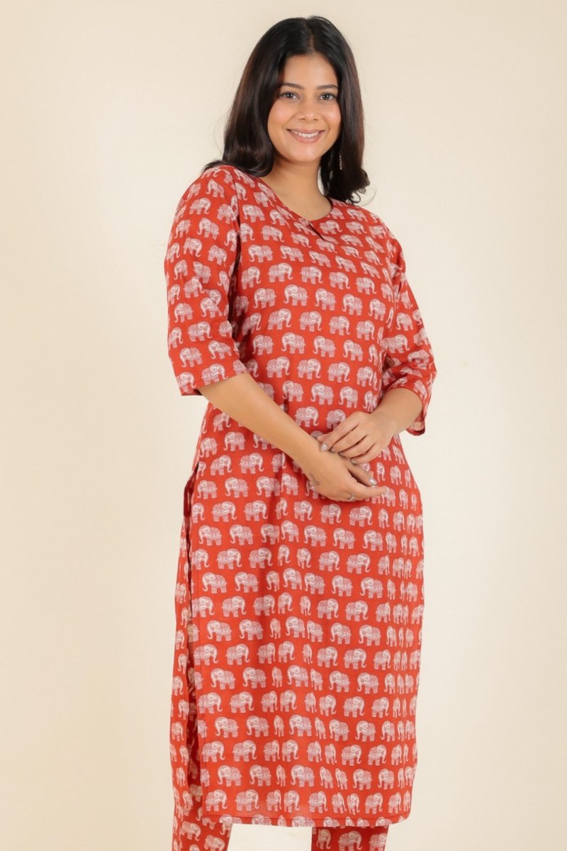 Aramya Straight Soft Cotton Animal Print Women's Kurta - Red - Distacart