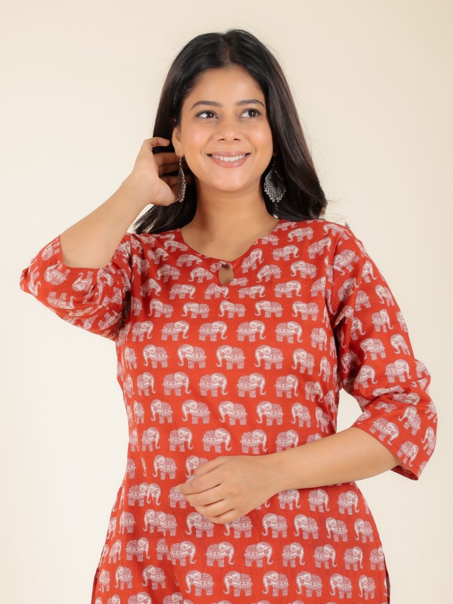 Aramya Straight Soft Cotton Animal Print Women's Kurta - Red - Distacart