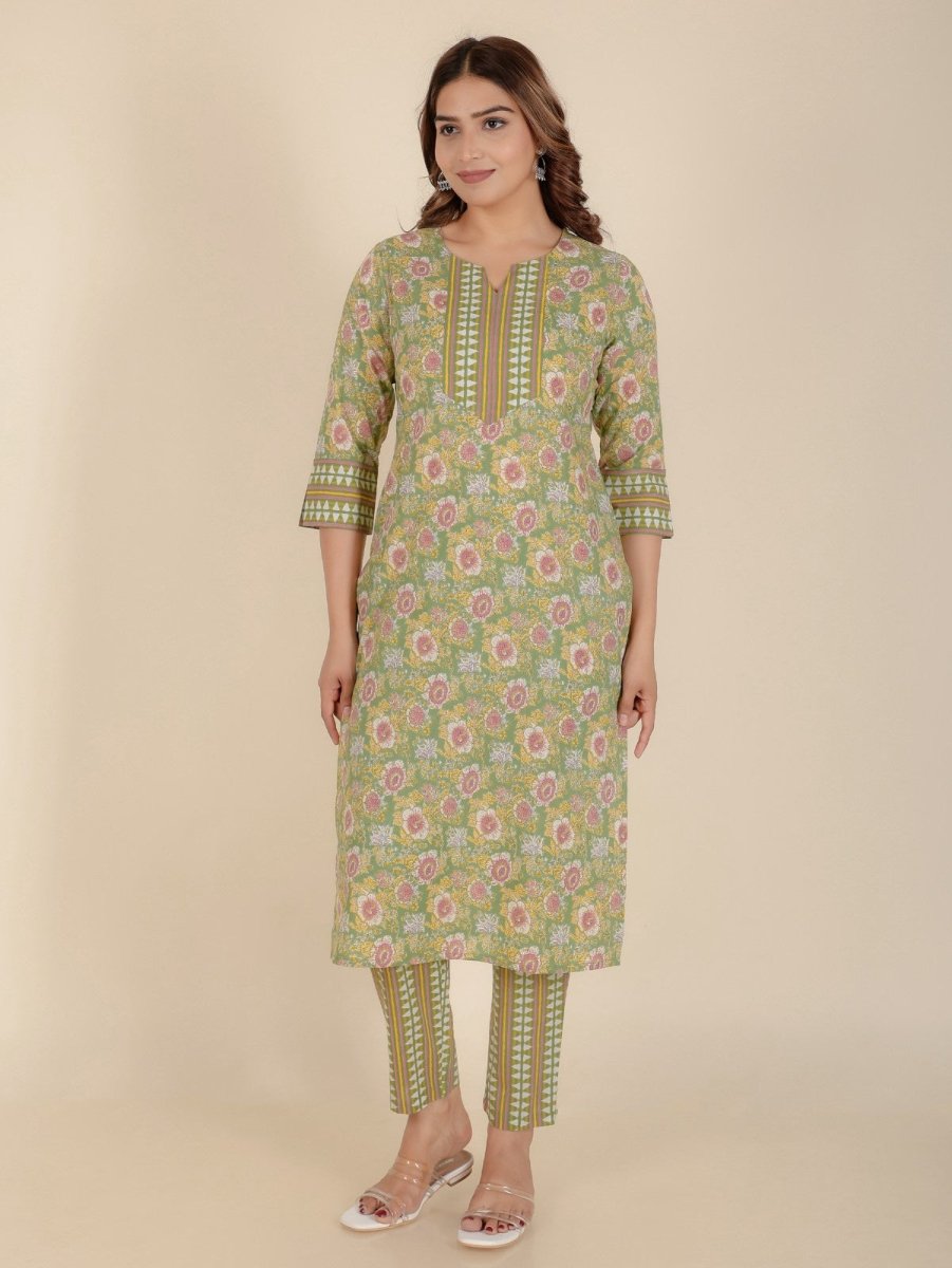 Aramya Straight Soft Cotton Floral Print Women's Kurta - Green - Distacart