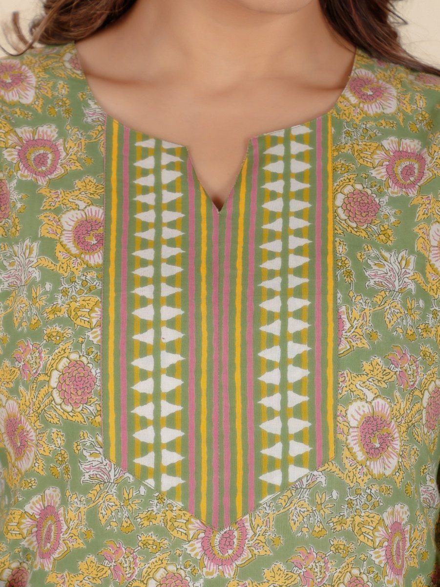 Aramya Straight Soft Cotton Floral Print Women's Kurta - Green - Distacart