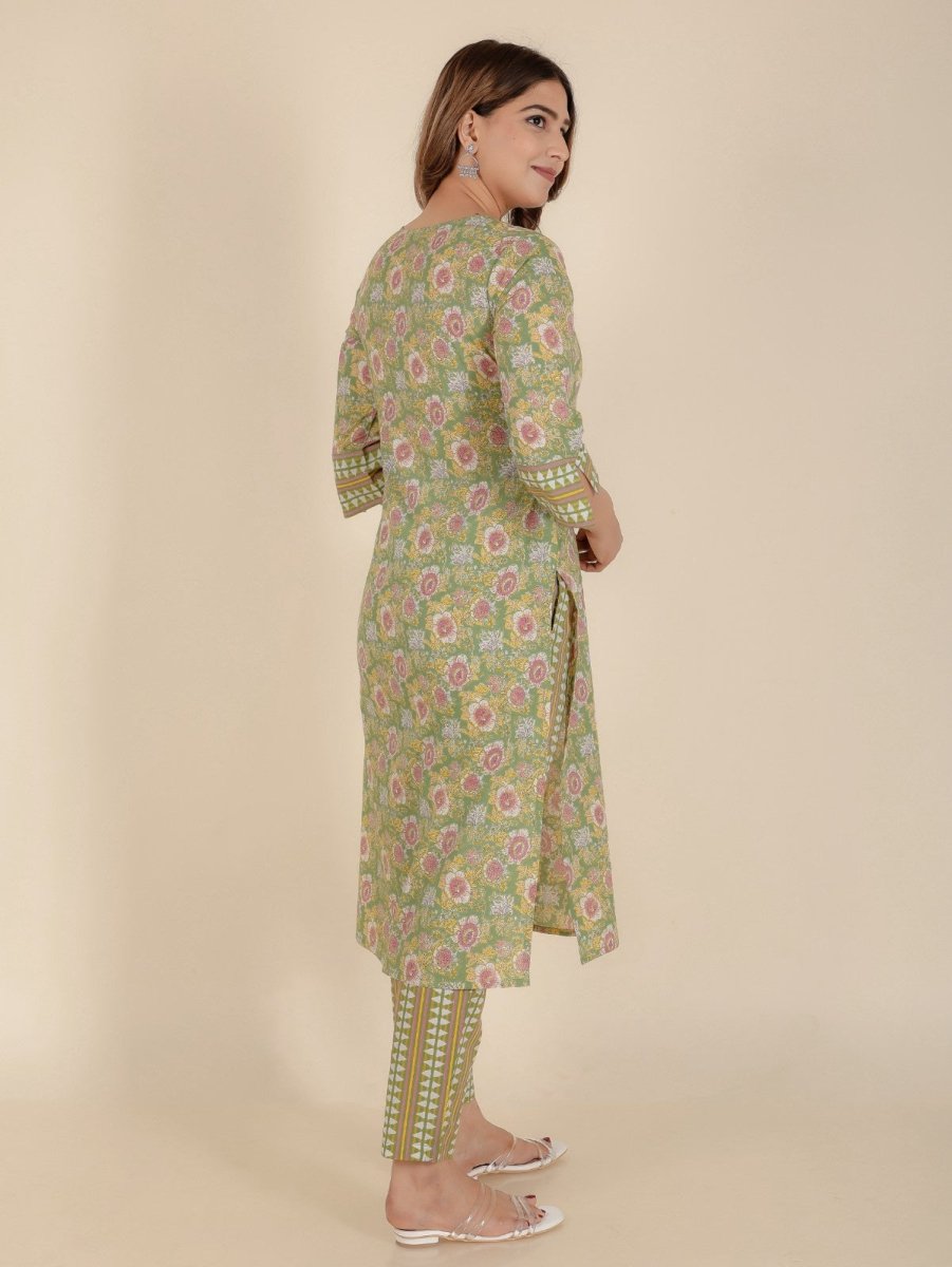 Aramya Straight Soft Cotton Floral Print Women's Kurta Set - Green - Distacart