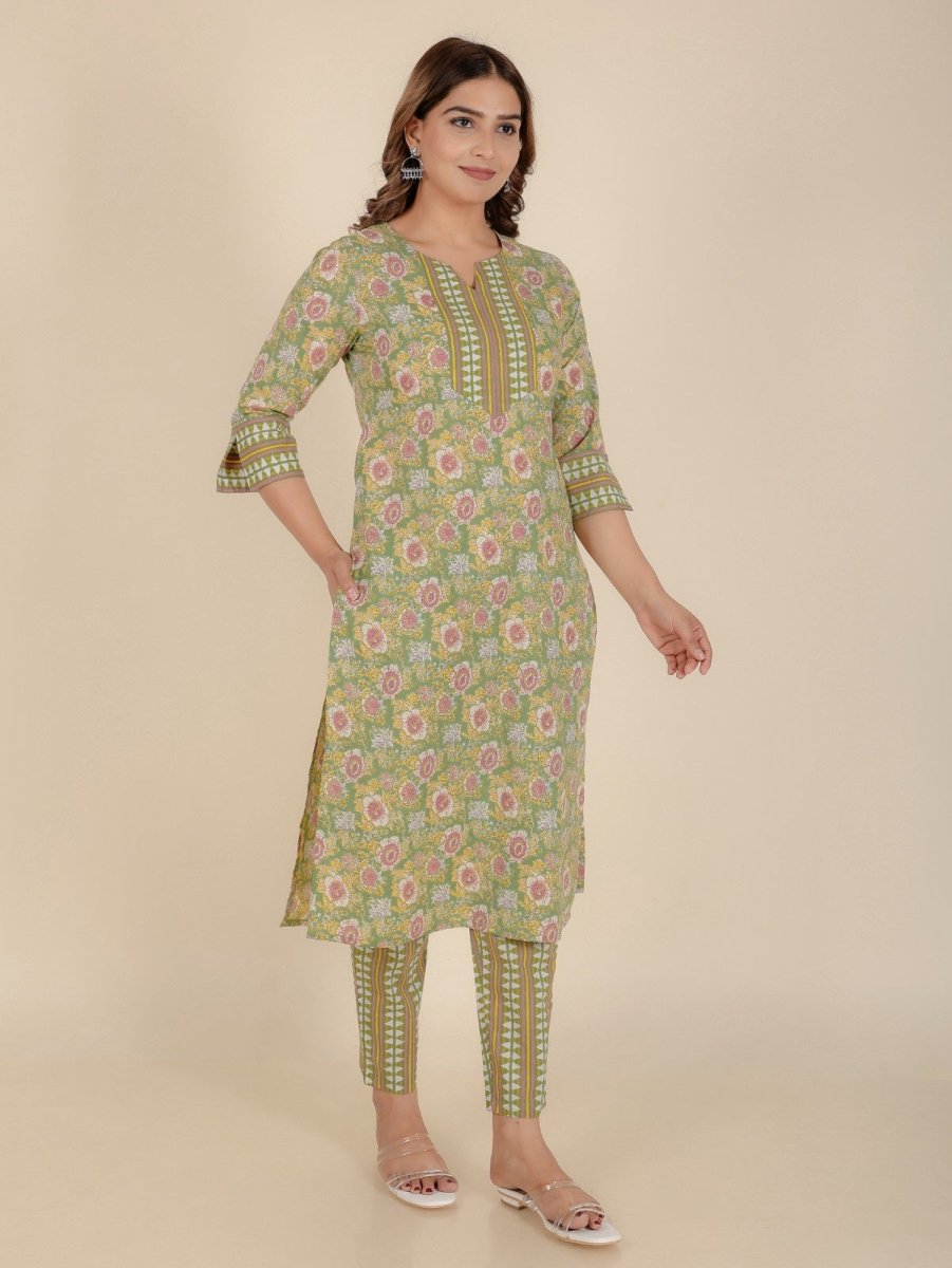 Aramya Straight Soft Cotton Floral Print Women's Kurta Set - Green - Distacart