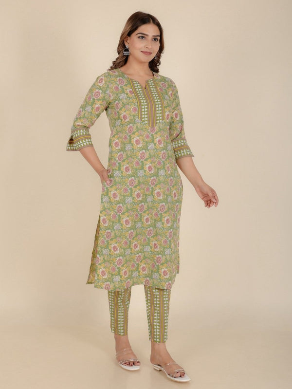 Aramya Straight Soft Cotton Floral Print Women's Kurta - Green - Distacart