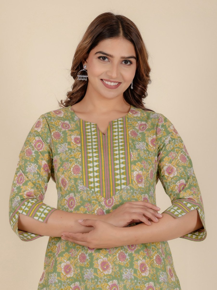 Aramya Straight Soft Cotton Floral Print Women's Kurta - Green - Distacart