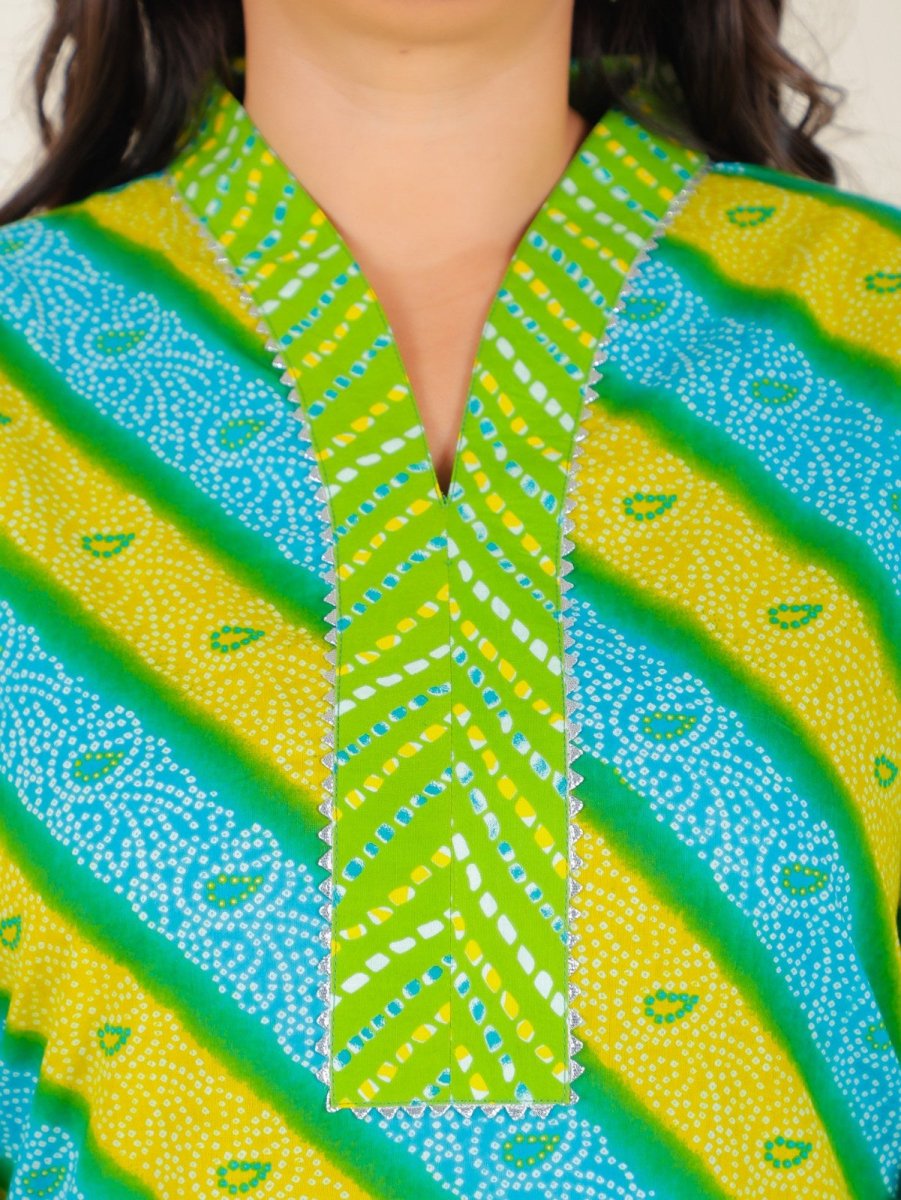 Aramya Straight Soft Cotton Bandhani Print Women's Kurta Set - Green - Distacart