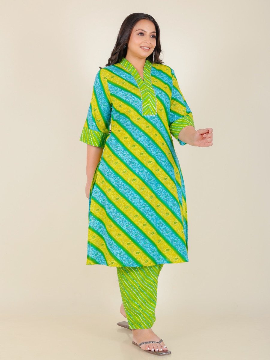 Aramya Straight Soft Cotton Bandhani Print Women's Kurta Set - Green - Distacart