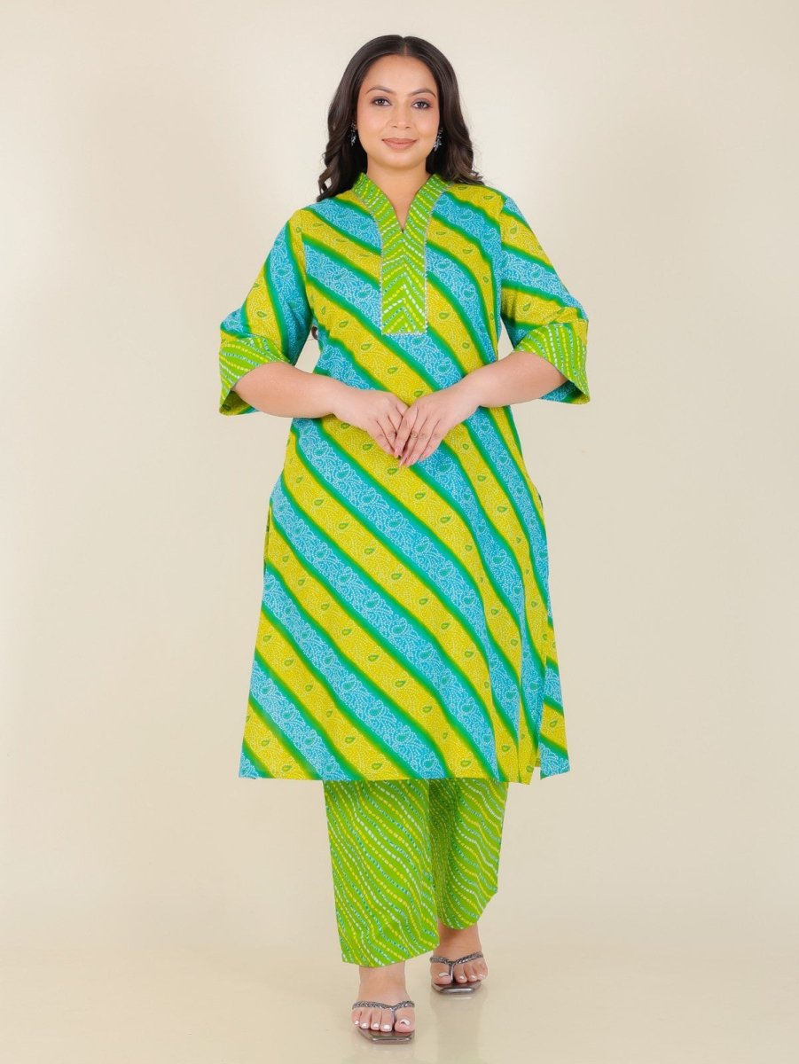 Aramya Straight Soft Cotton Bandhani Print Women's Kurta Set - Green - Distacart