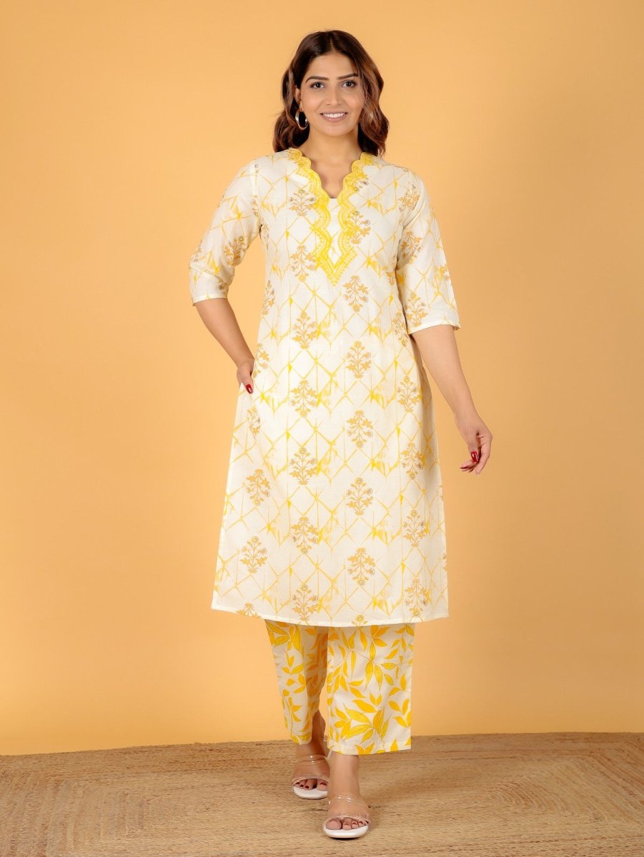 Aramya Straight Soft Cotton Floral Print Women's Kurta Set - Yellow - Distacart