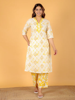 Aramya Straight Soft Cotton Floral Print Women's Kurta Set - Yellow - Distacart