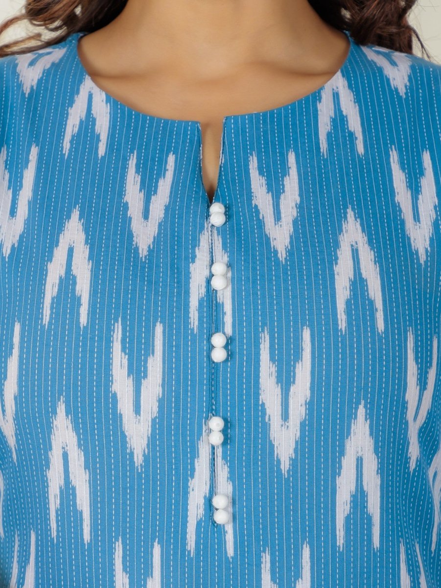 Aramya A-line Kantha Cotton Ikat Print Women's Kurta Set - Blue - Distacart