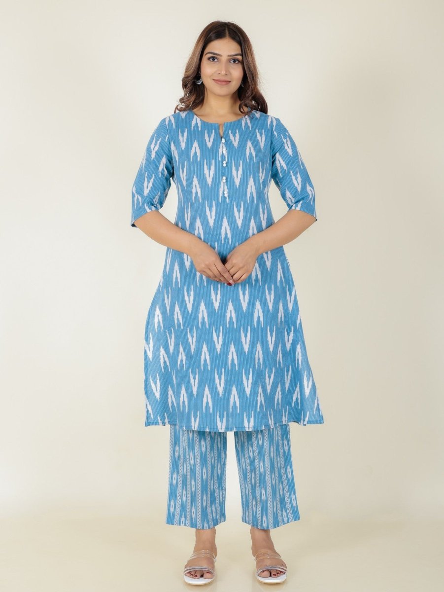 Aramya A-line Kantha Cotton Ikat Print Women's Kurta Set - Blue - Distacart