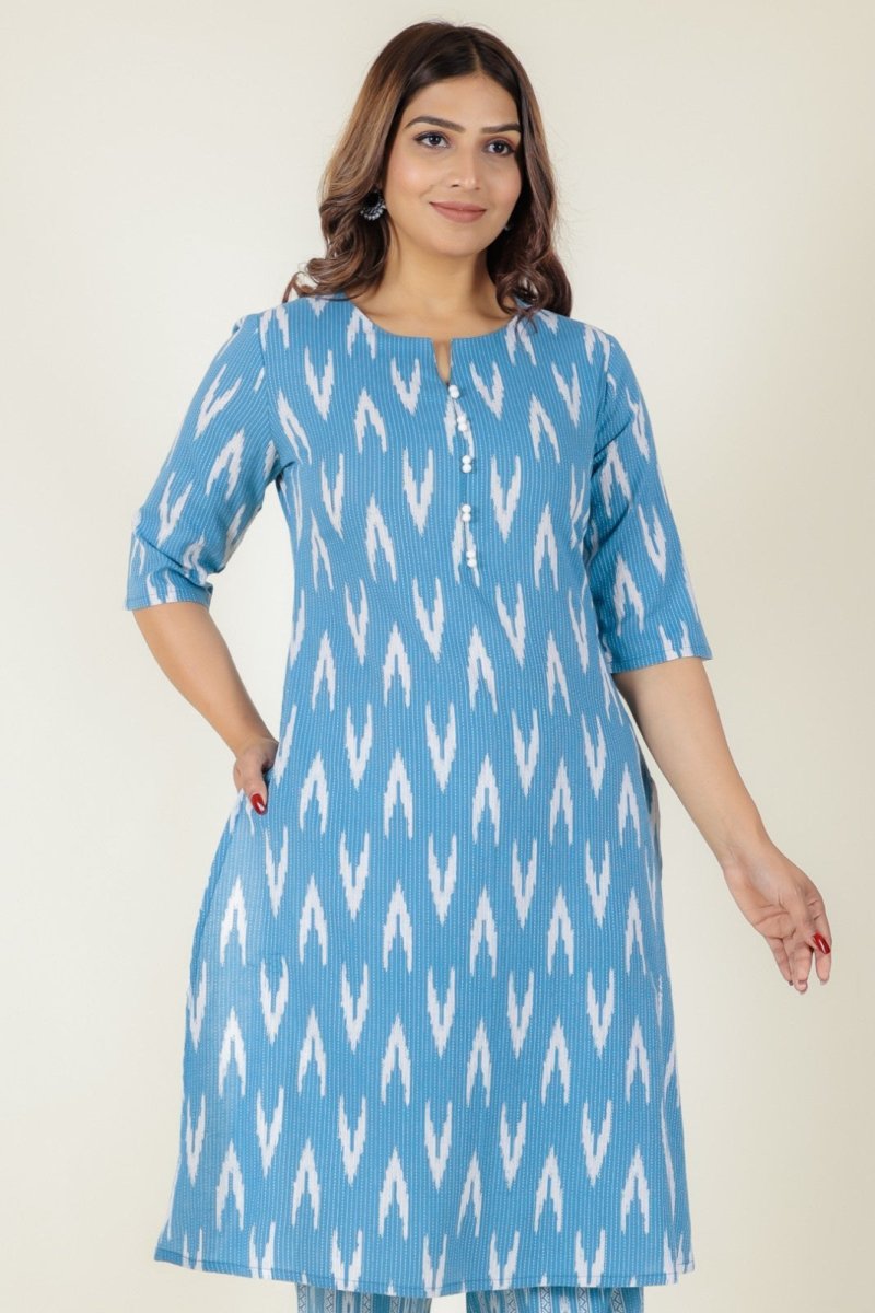 Aramya A-line Kantha Cotton Ikat Print Women's Kurta - Blue - Distacart