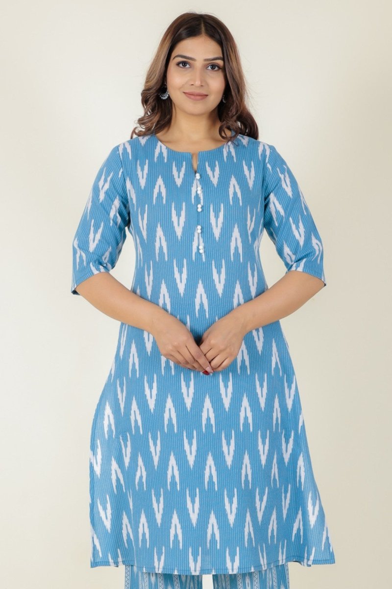 Aramya A-line Kantha Cotton Ikat Print Women's Kurta - Blue - Distacart