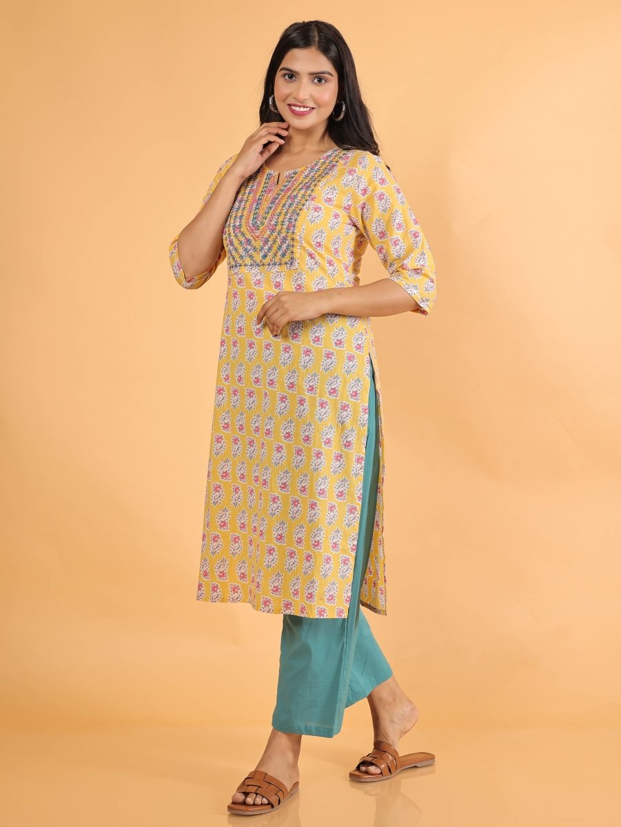 Aramya Straight Soft Cotton Block Print Women's Kurta - Yellow - Distacart