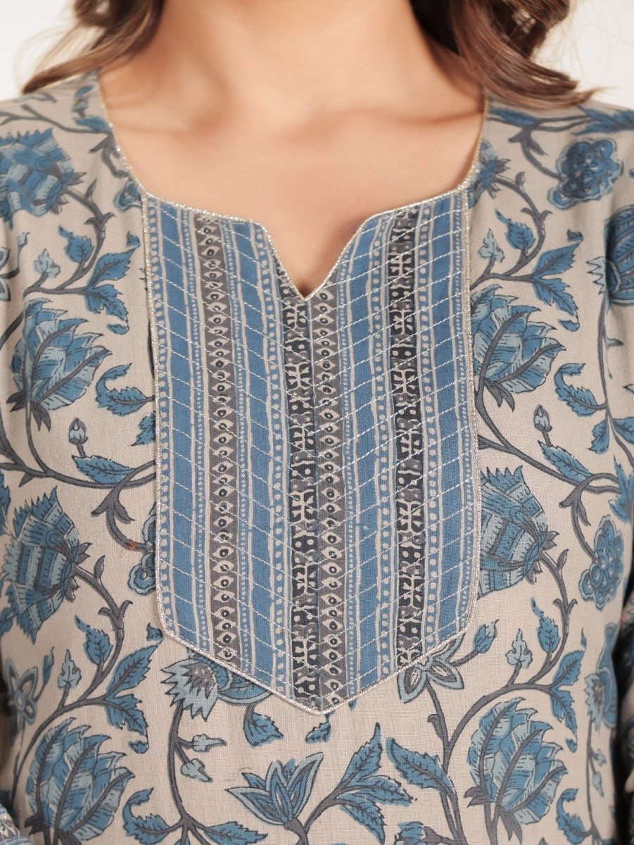 Aramya Straight Linen Cotton Floral Print Women's Kurta Set - Grey - Distacart