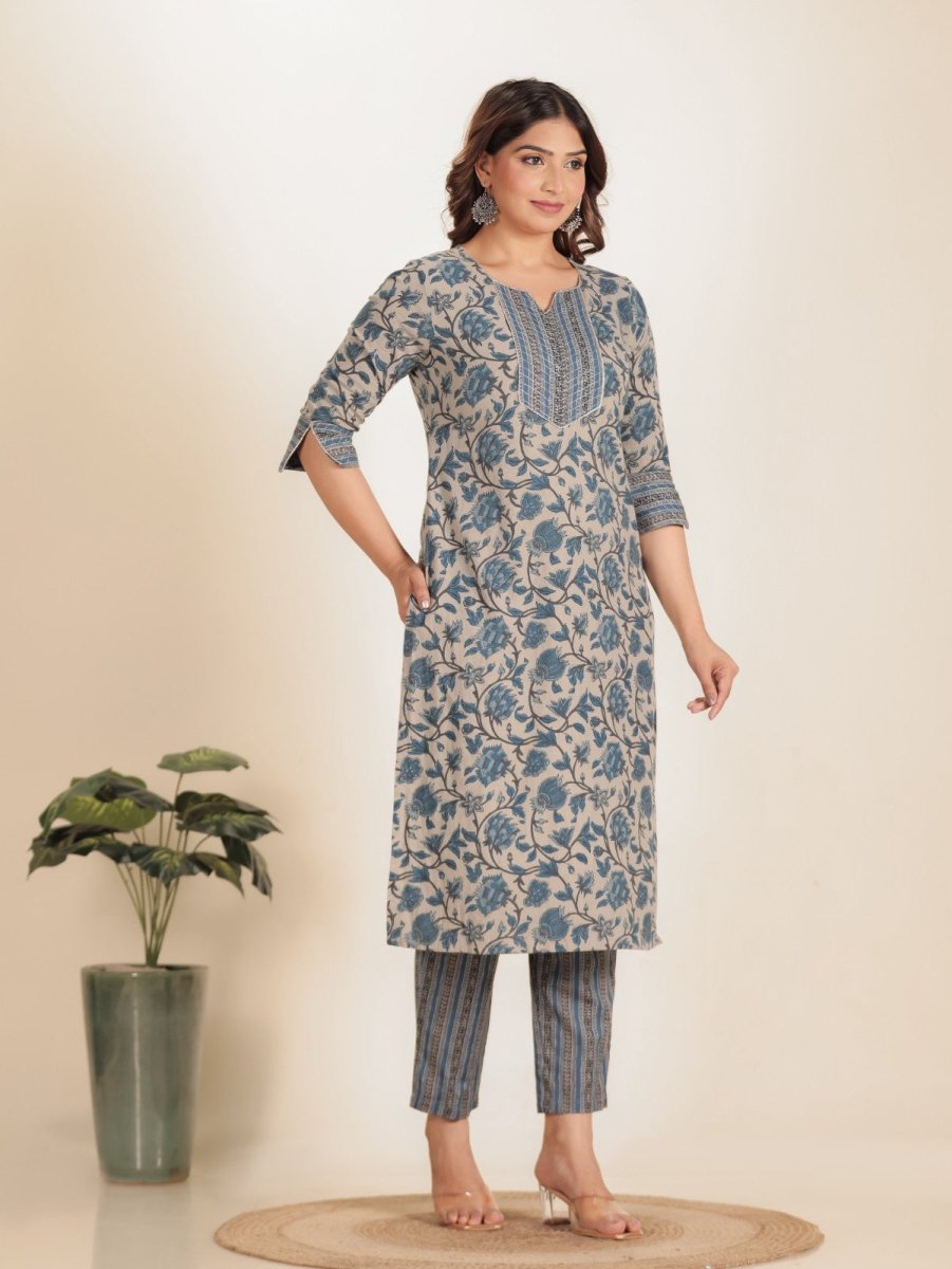 Aramya Straight Linen Cotton Floral Print Women's Kurta Set - Grey - Distacart