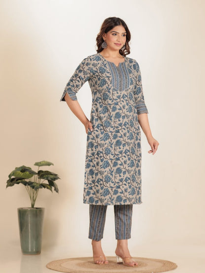 Aramya Straight Linen Cotton Floral Print Women's Kurta Set - Grey - Distacart