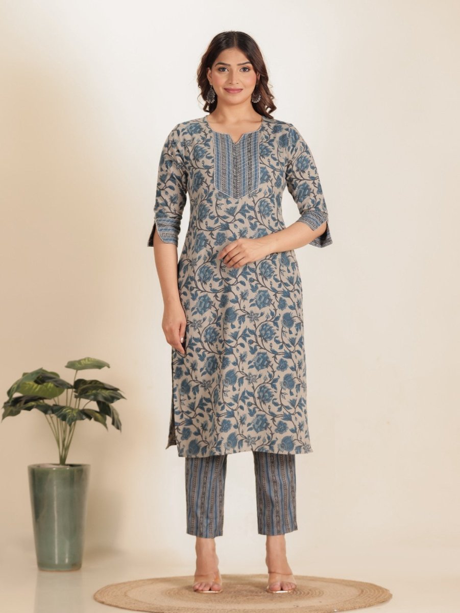 Aramya Straight Linen Cotton Floral Print Women's Kurta Set - Grey - Distacart