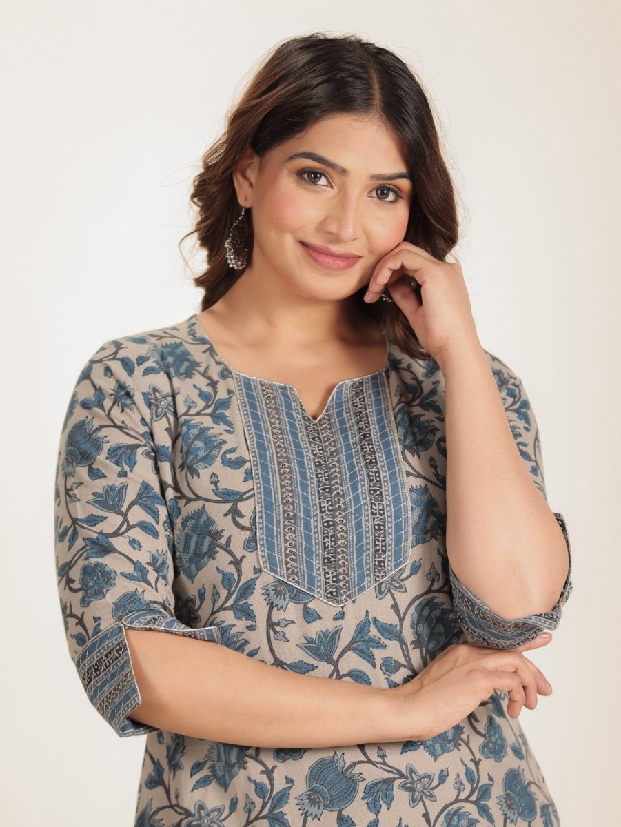 Aramya Straight Linen Cotton Floral Print Women's Kurta Set - Grey - Distacart