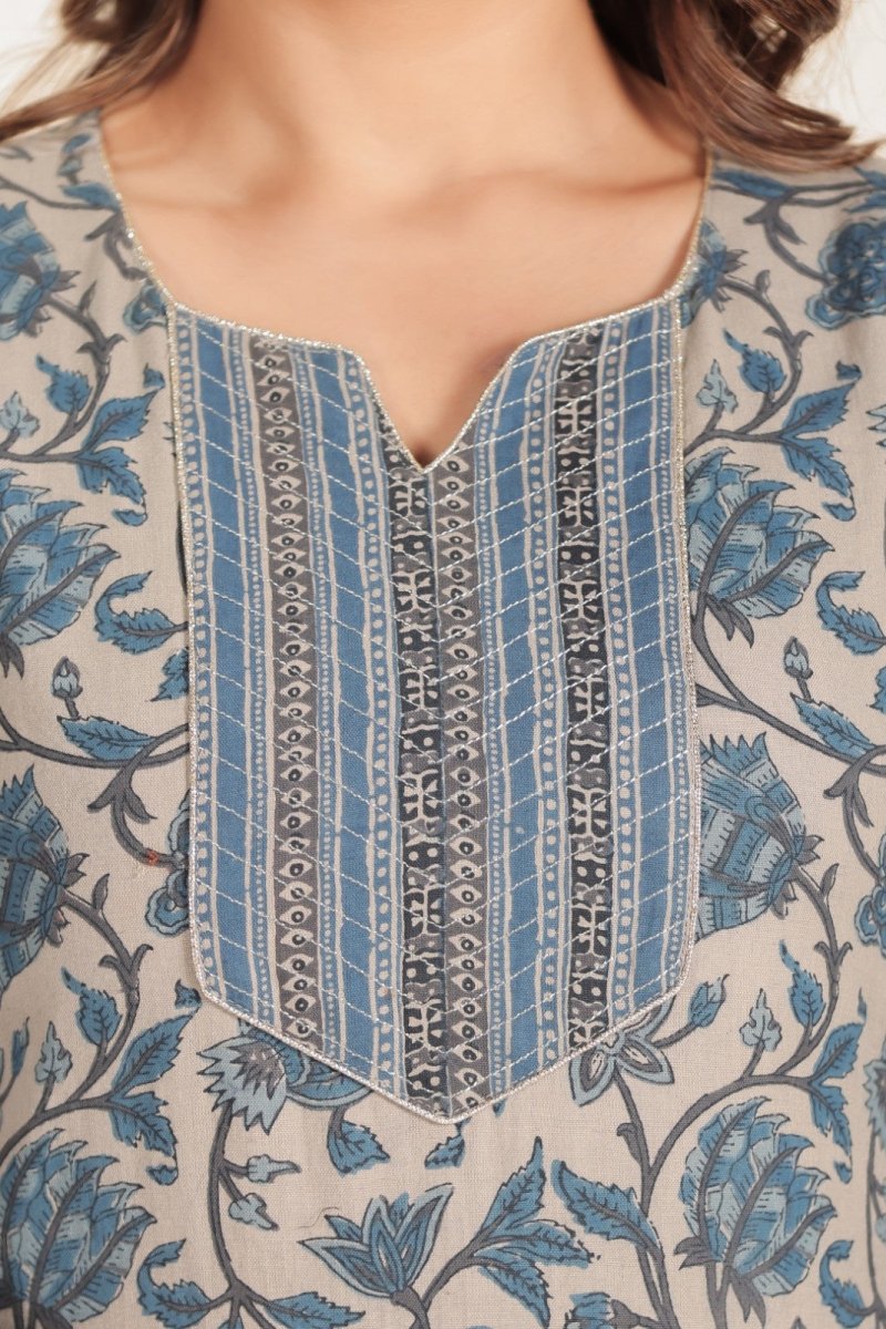 Aramya Straight Linen Cotton Floral Print Women's Kurta - Grey - Distacart