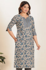 Thumbnail for Aramya Straight Linen Cotton Floral Print Women's Kurta - Grey - Distacart