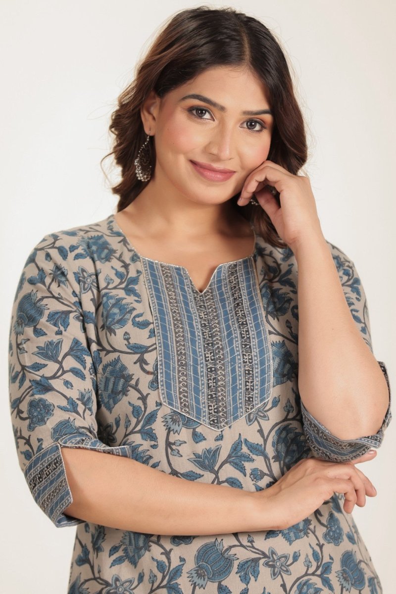 Aramya Straight Linen Cotton Floral Print Women's Kurta - Grey - Distacart