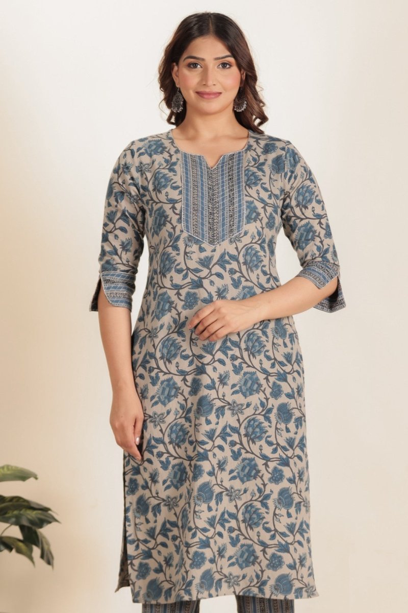 Aramya Straight Linen Cotton Floral Print Women's Kurta - Grey - Distacart
