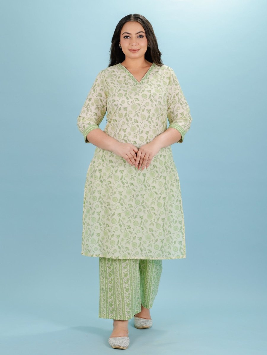 Aramya Straight Soft Cotton Floral Print Women's Kurta Set - Green - Distacart