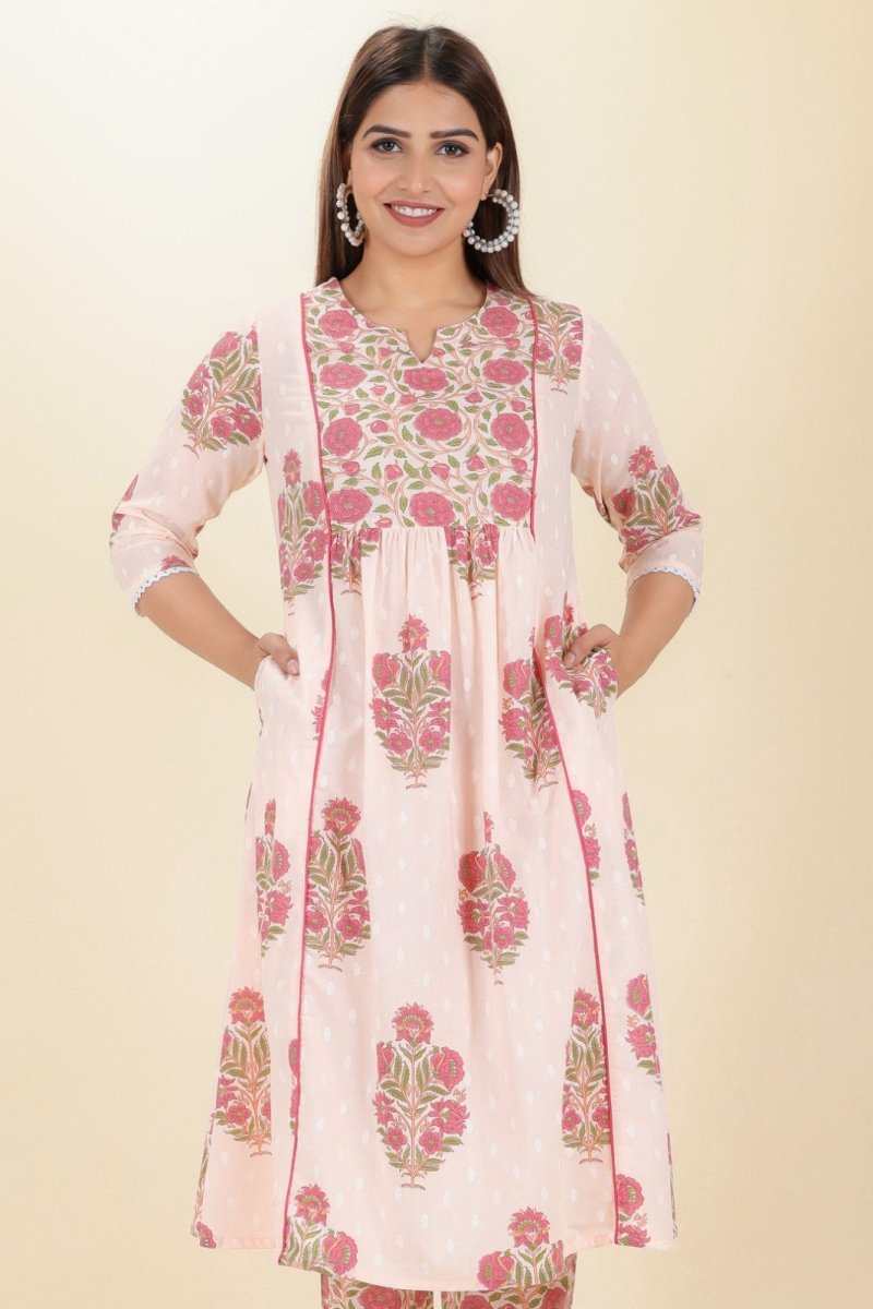 Aramya Panelled Soft Cotton Butti Print Women's Kurta Set - Pink - Distacart