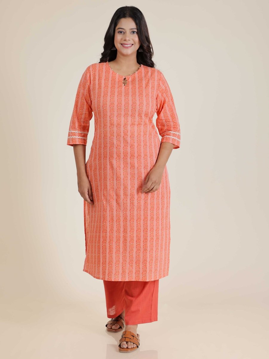 Aramya Straight Soft Cotton Striped Print Women's Kurta Set - Orange - Distacart