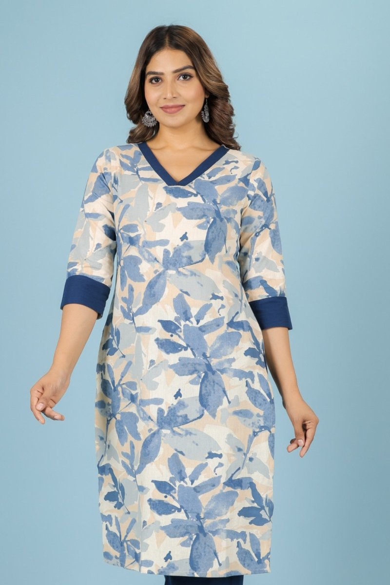 Aramya Straight Linen Cotton Floral Print Women's Kurta - Off White - Distacart
