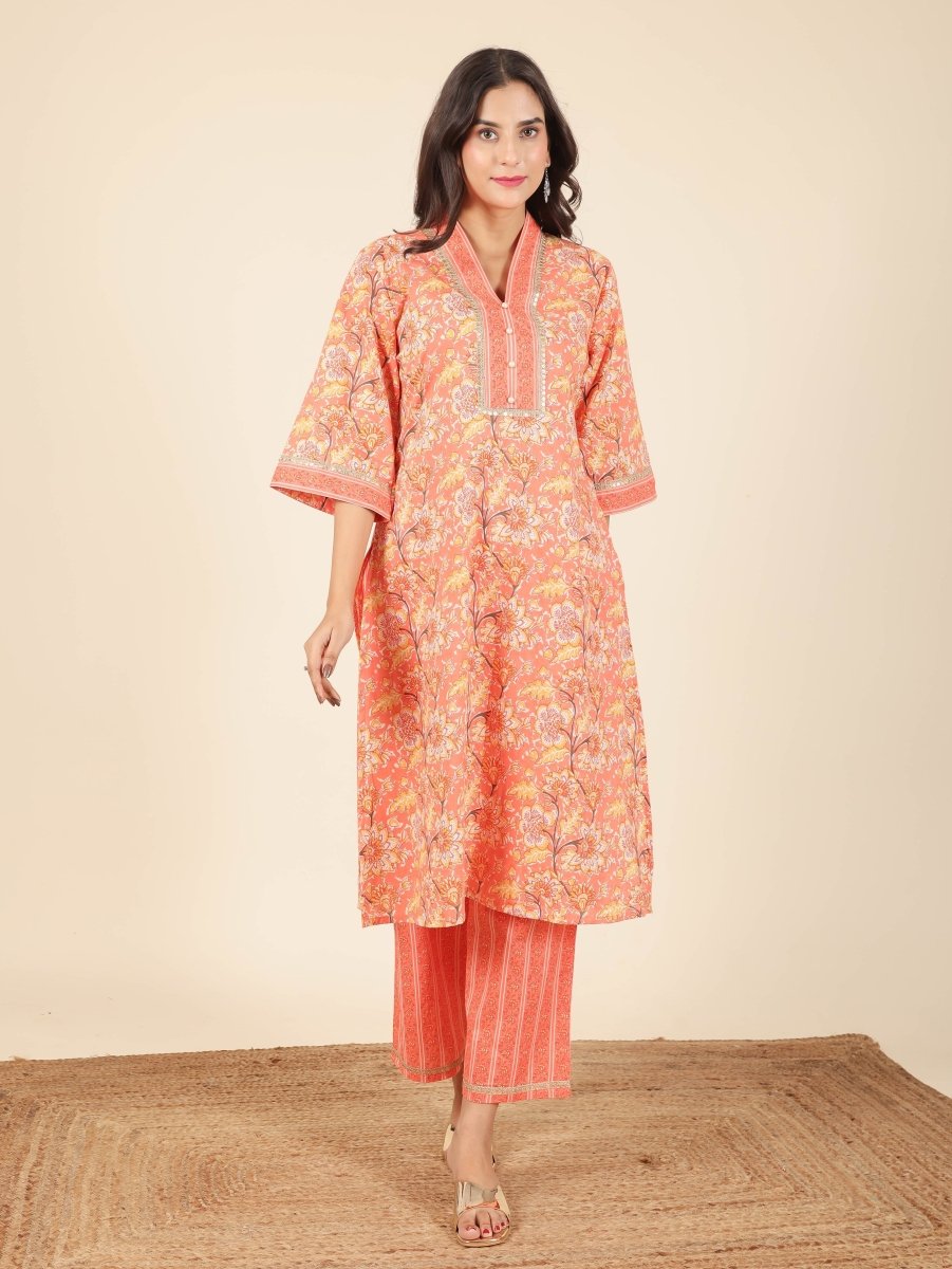 Aramya Straight Soft Cotton Floral Print Women's Kurta - Orange - Distacart