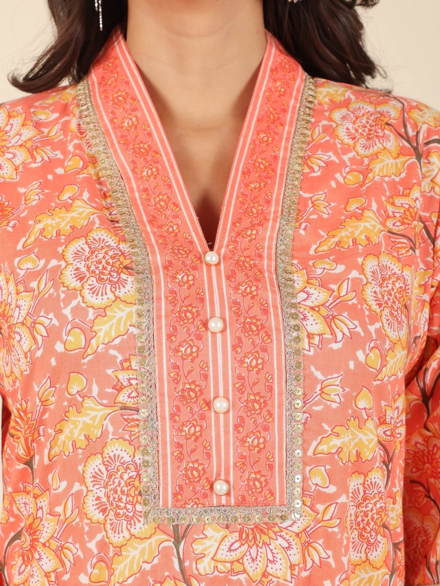 Aramya Straight Soft Cotton Floral Print Women's Kurta - Orange - Distacart