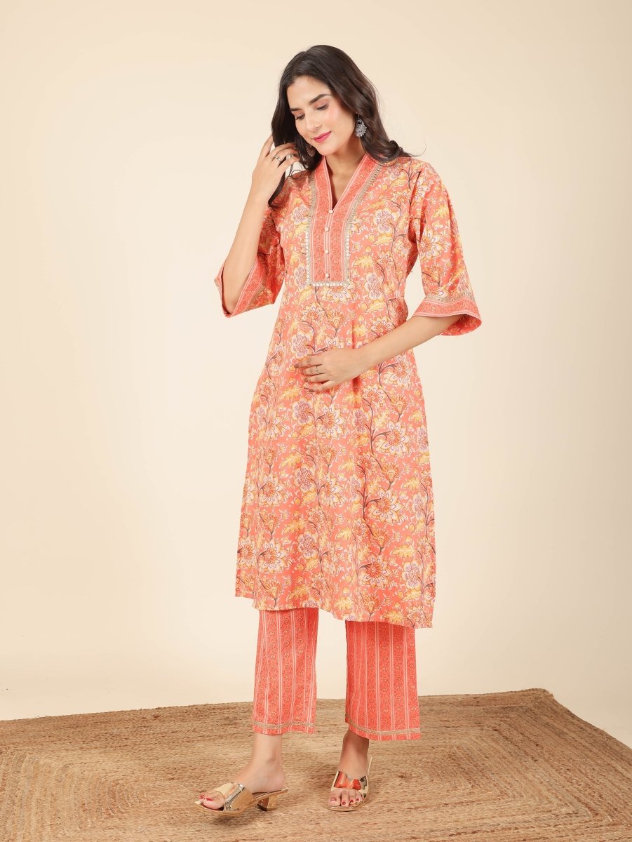 Aramya Straight Soft Cotton Floral Print Women's Kurta - Orange - Distacart