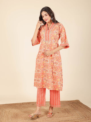 Aramya Straight Soft Cotton Floral Print Women's Kurta - Orange - Distacart
