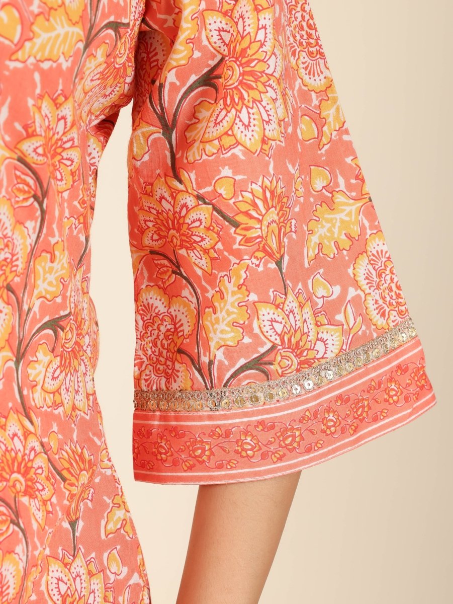 Aramya Straight Soft Cotton Floral Print Women's Kurta - Orange - Distacart