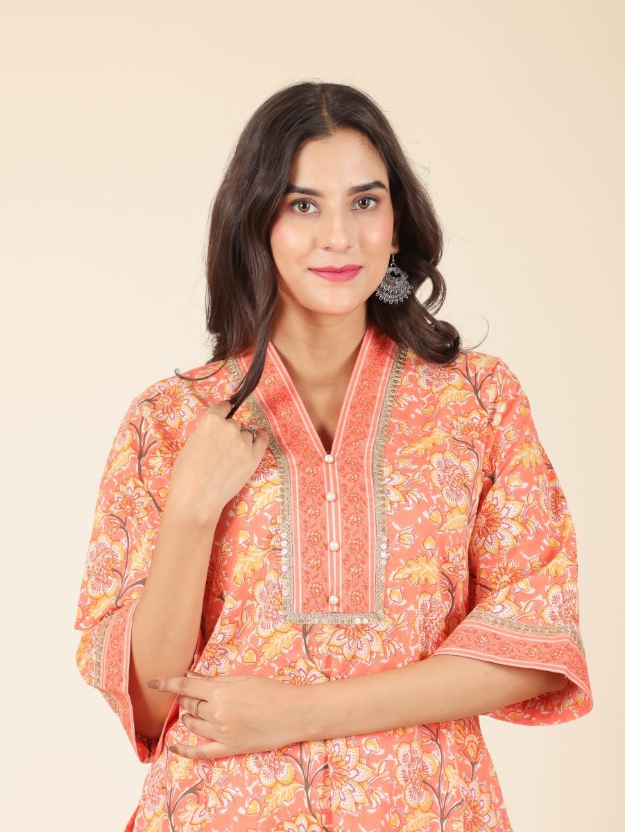 Aramya Straight Soft Cotton Floral Print Women's Kurta - Orange - Distacart