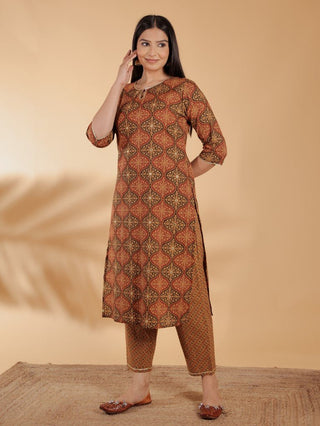 Aramya Straight Soft Cotton Geometric Print Women's Kurta Set - Brown - Distacart