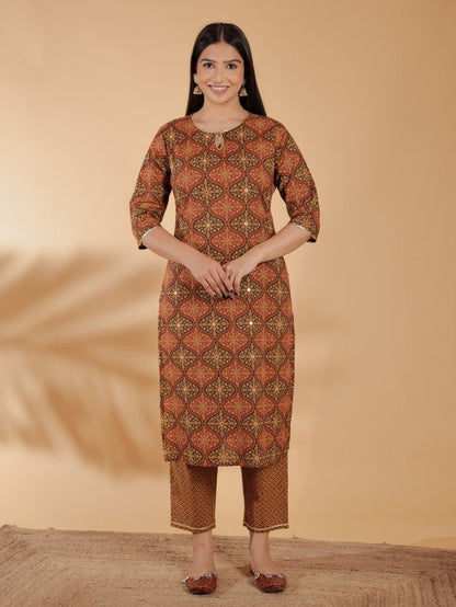 Aramya Straight Soft Cotton Geometric Print Women's Kurta Set - Brown - Distacart