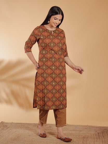 Aramya Straight Soft Cotton Geometric Print Women's Kurta Set - Brown - Distacart