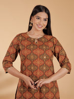 Thumbnail for Aramya Straight Soft Cotton Geometric Print Women's Kurta Set - Brown - Distacart