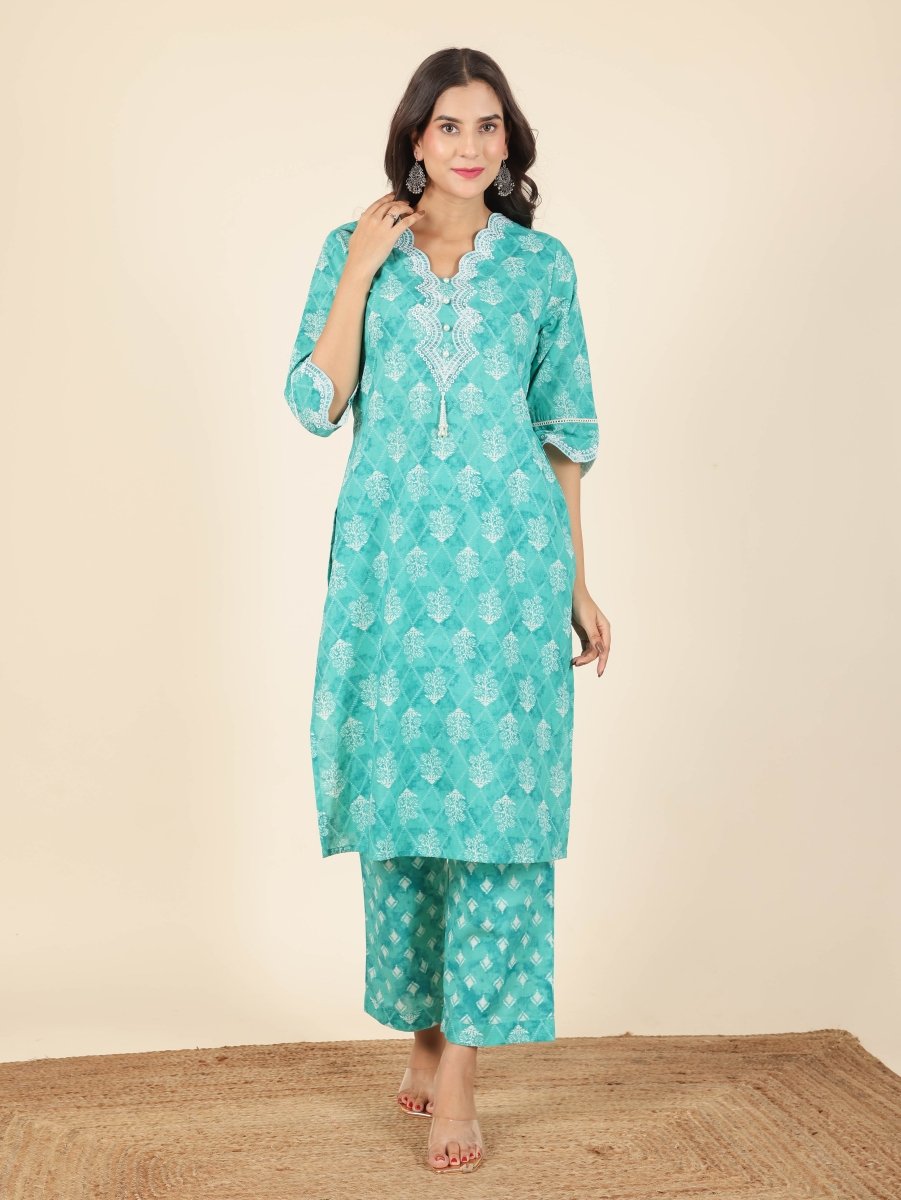 Aramya Straight Soft Cotton Geometric Print Women's Kurta Set - Green - Distacart