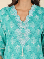Thumbnail for Aramya Straight Soft Cotton Geometric Print Women's Kurta Set - Green - Distacart