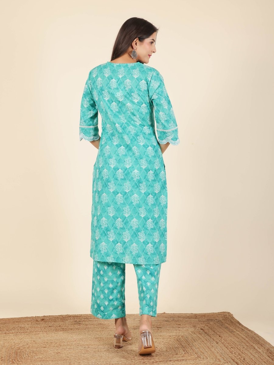 Aramya Straight Soft Cotton Geometric Print Women's Kurta Set - Green - Distacart