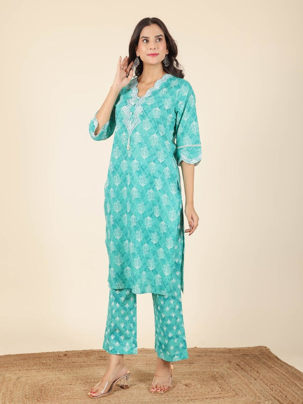 Aramya Straight Soft Cotton Geometric Print Women's Kurta Set - Green - Distacart