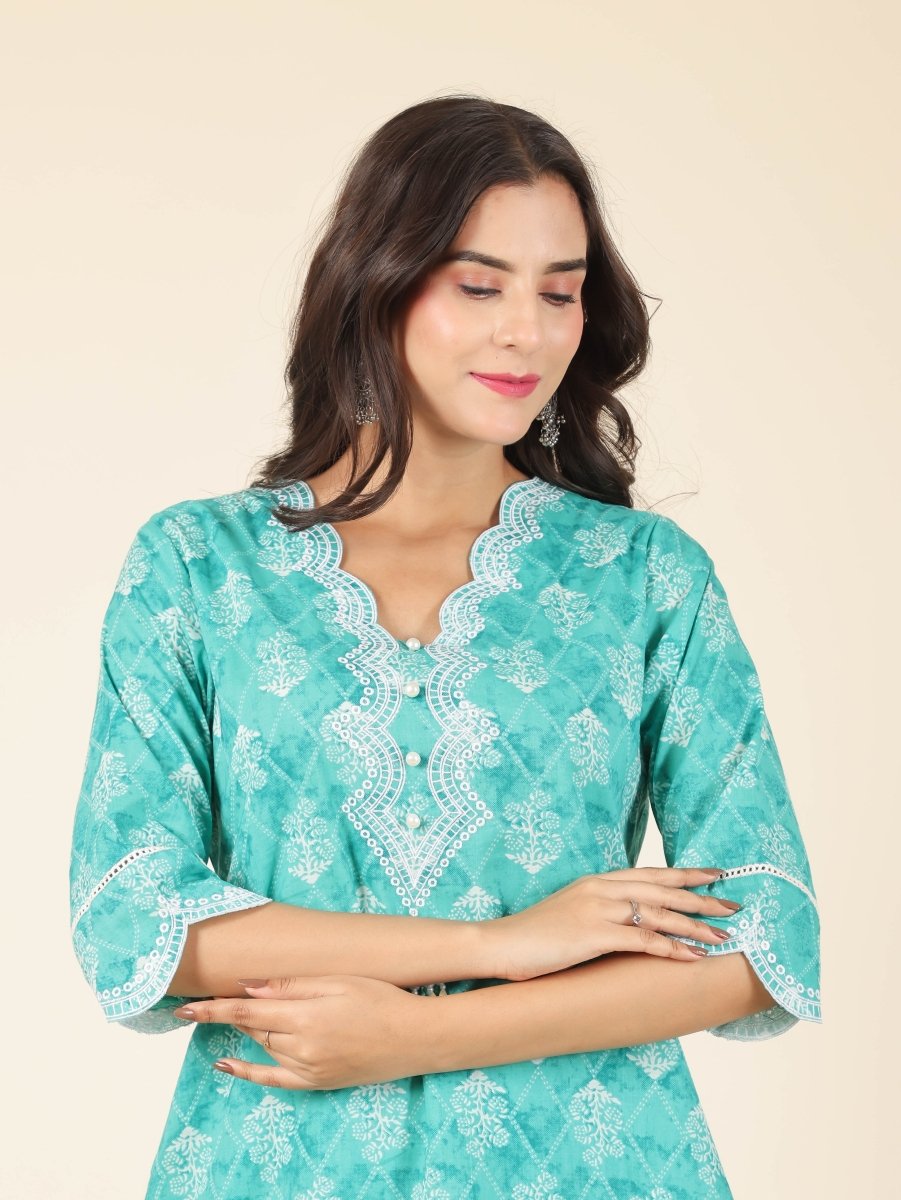 Aramya Straight Soft Cotton Geometric Print Women's Kurta Set - Green - Distacart
