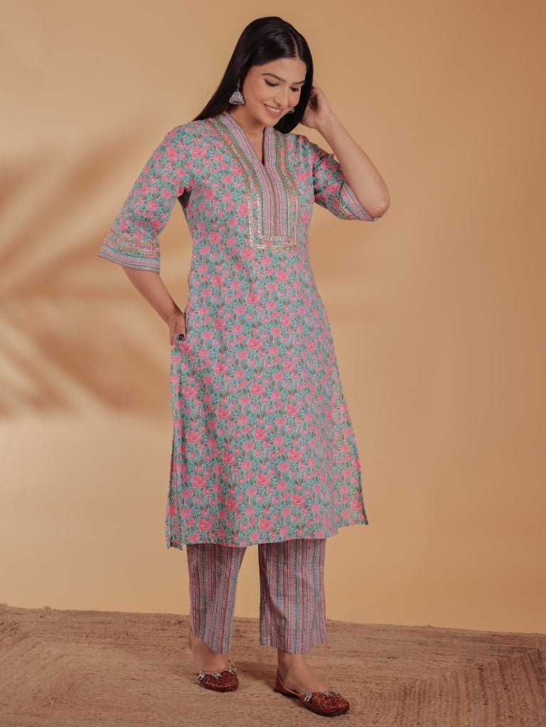 Aramya Straight Soft Cotton Floral Print Women's Kurta Set - Multicolor - Distacart